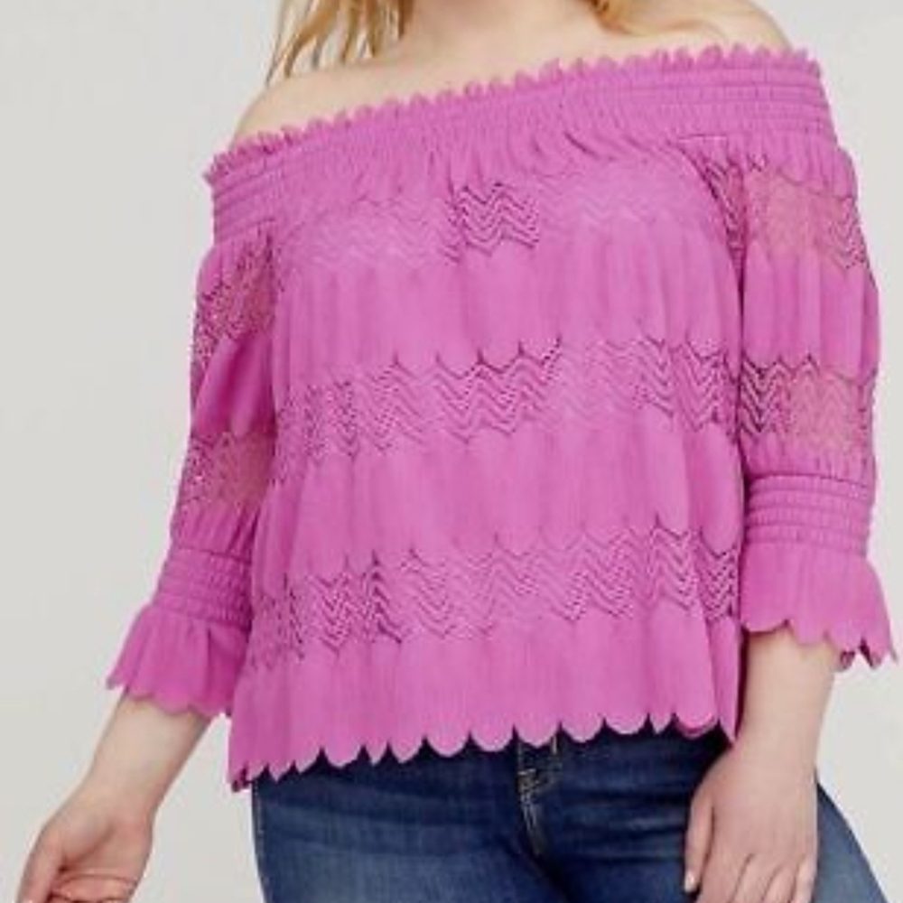 Lane Bryant off the shoulder smocked fushia eyelet top. Size 22